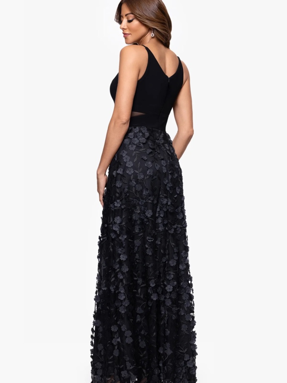 Xscape Black Floral Appliqué V-Neck Maxi Dress with Slit - Picture 3 of 11